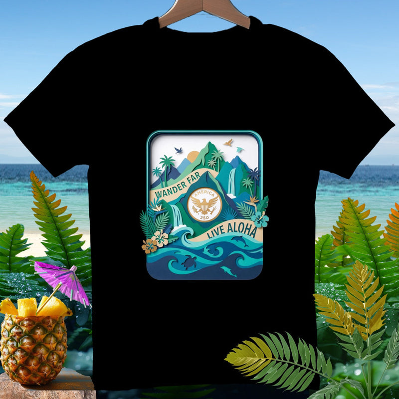 Black t-shirt featuring a tropical scene with mountains, waterfalls, and text "WANDER FAR LIVE ALOHA".