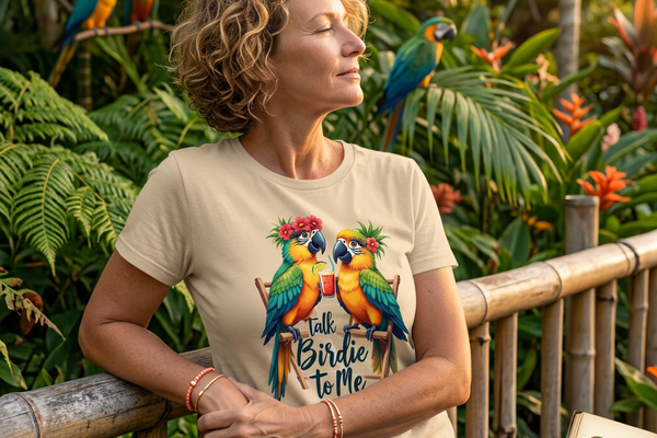 A woman in a tropical garden with parrots, wearing the Talk Birdie to Me Hawaiian t-shirt