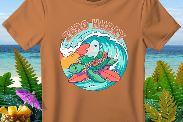 Orange t-shirt with graphic of turtle and ghost surfing wave, text "ZERO HURRY".
