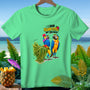Two macaws on a beach scene with text "I SAID ISLAND STYLE NOT THIS MUCH".