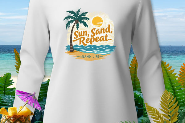White long-sleeve shirt with "Sun, Sand, Repeat" text and tropical graphic.