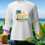 White long-sleeve shirt with "Sun, Sand, Repeat" text and tropical graphic.