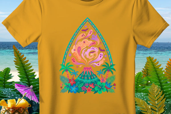 Yellow t-shirt with a colorful volcano, ghosts, bats, and tropical plants design.