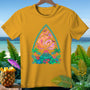 Yellow t-shirt with a colorful volcano, ghosts, bats, and tropical plants design.