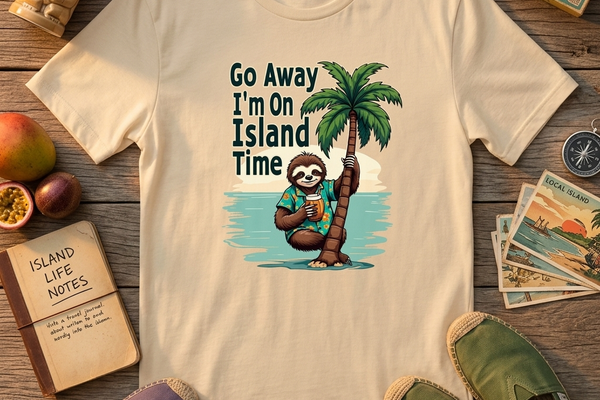 The Go Away I'm On Island Time sloth tee laid out with island travel keepsakes
