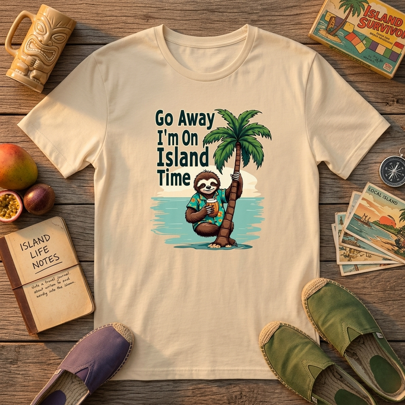 The Go Away I'm On Island Time sloth tee laid out with island travel keepsakes