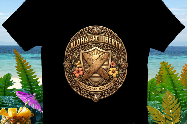 Black t-shirt with "Aloha and Liberty" emblem celebrating 250 years.