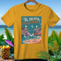 Yellow t-shirt with skeletons dancing on a beach with "Til Death Do Us Party" text.