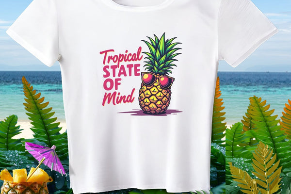 The Tropical State of Mind crop top on a hanger against an island shoreline