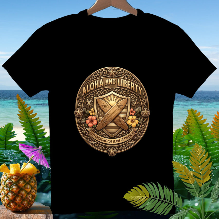 Black t-shirt with "Aloha and Liberty" emblem celebrating 250 years.