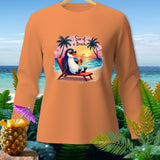Orange long-sleeve shirt with a penguin lounging at the beach graphic.