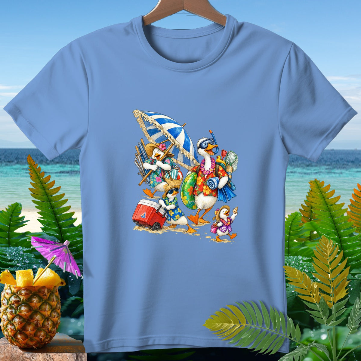 Ducks in Hawaiian shirts and hats at the beach with a cooler and umbrella.