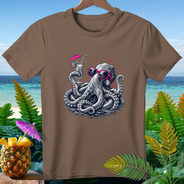 Brown t-shirt with illustration of an octopus wearing sunglasses holding a cocktail.
