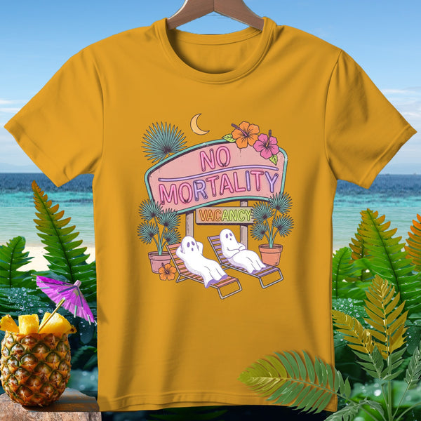 Yellow t-shirt with "No Mortality Vacancy" sign, two ghosts relaxing, and tropical plants.