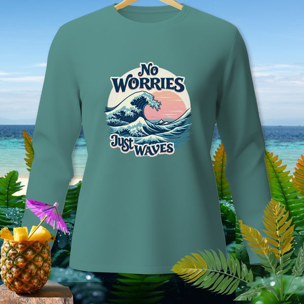 Teal long-sleeve shirt with "No Worries Just Waves" text and a wave graphic.