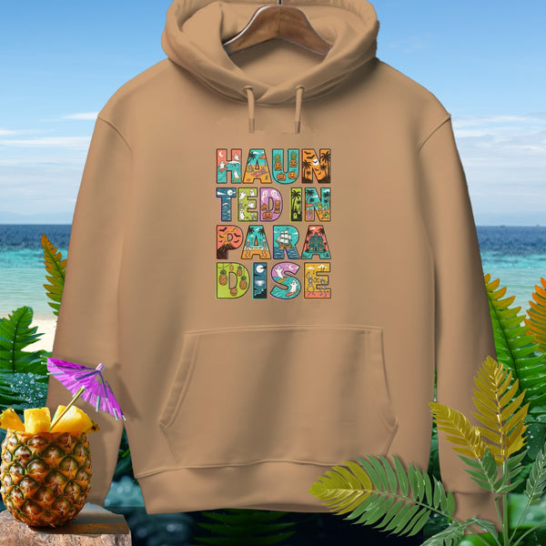 Brown hoodie with "Haunted in Paradise" Halloween text design.
