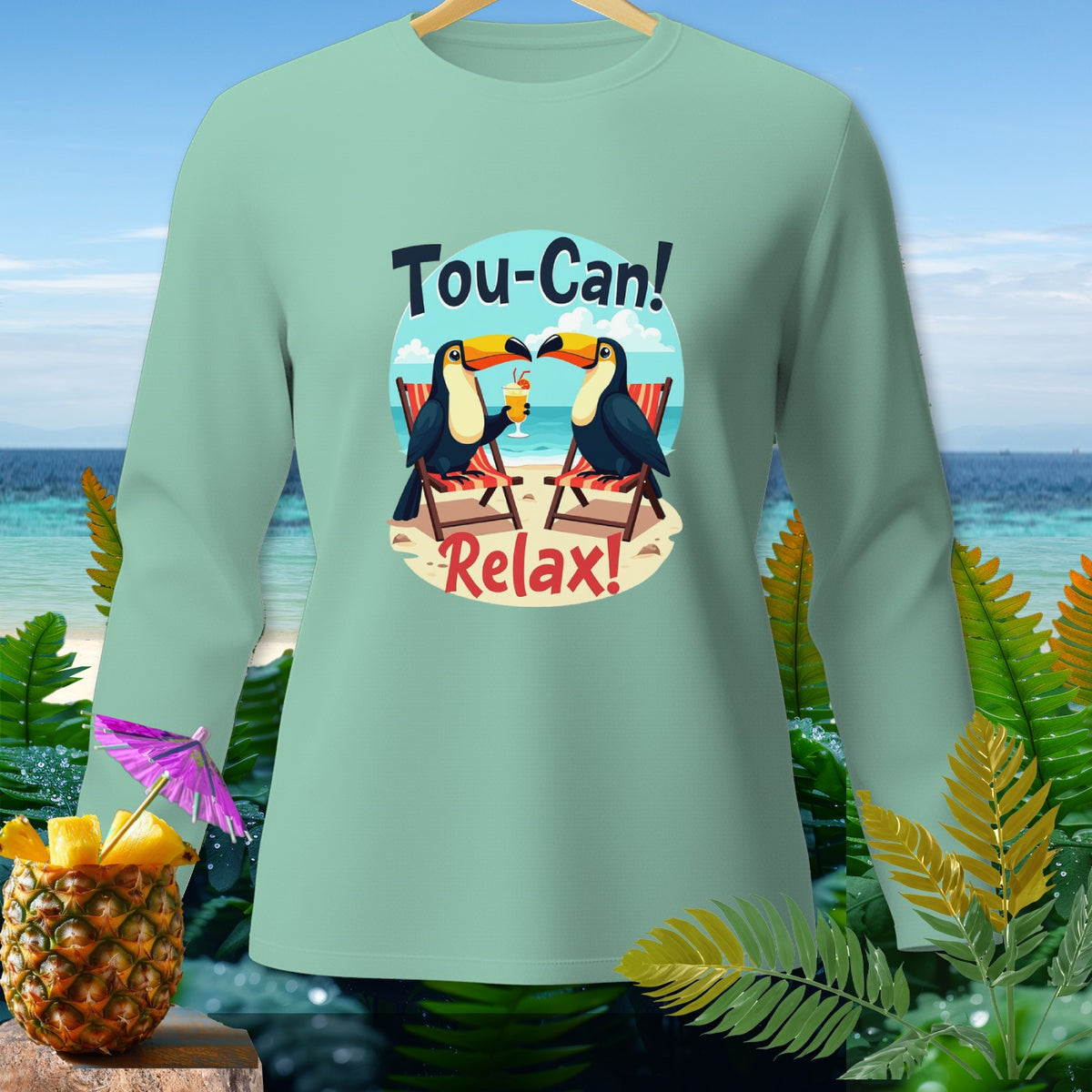 Mint long sleeve shirt with toucans, beach chairs, and text "Tou-Can! Relax!".