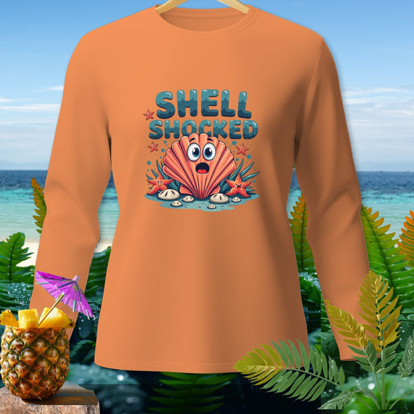 Orange long-sleeve shirt with a surprised cartoon shell and "SHELL SHOCKED" text.