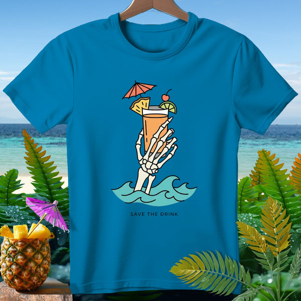 Blue t-shirt with skeleton hand holding cocktail, text "SAVE THE DRINK".