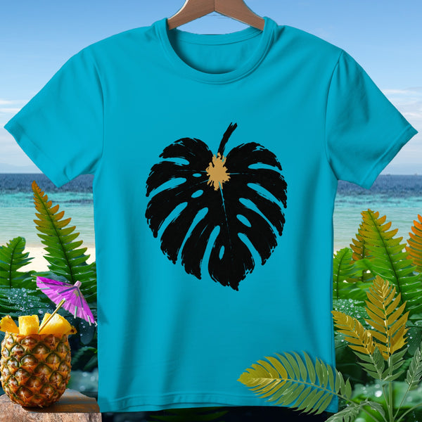 Teal t-shirt with a black monstera leaf graphic.