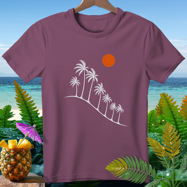 Plum t-shirt with white palm trees, sun graphic, and tropical background.