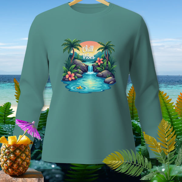 Teal long-sleeve shirt with "Chill Vibes" tropical waterfall graphic.