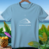 Light blue t-shirt with a white wave graphic and text 