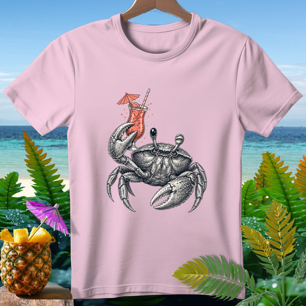 Pink t-shirt with a black and white crab holding a tropical drink.