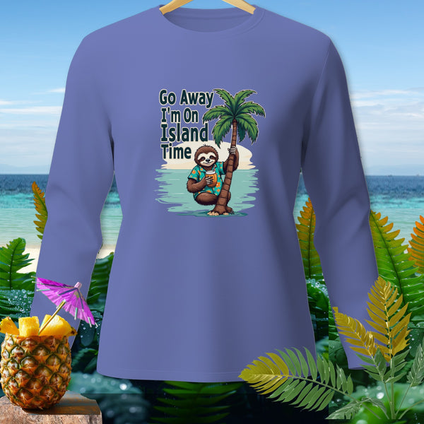 Long-sleeve shirt with sloth, palm tree, and "Go Away I'm On Island Time" text.