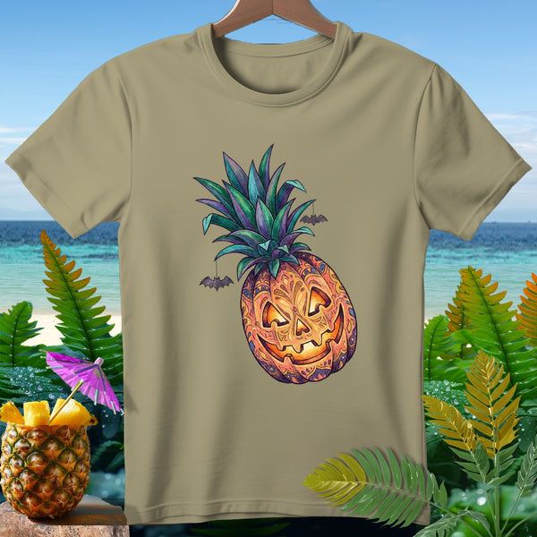 Khaki t-shirt with jack-o'-lantern pineapple design and hanging bats.
