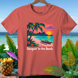 Coral t-shirt with tropical beach sunset graphic and text 