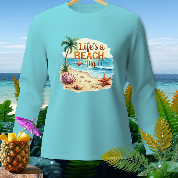 Light blue long-sleeve shirt with a beach graphic saying "Life's a Beach, Dig It".