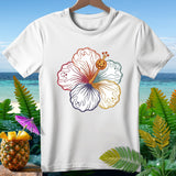 White t-shirt with a colorful hibiscus design featuring ghosts and a jack-o'-lantern.