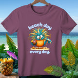 T-shirt with cartoon bird on beach with coconut drink and text 