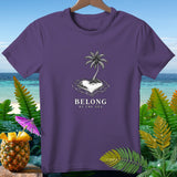Purple t-shirt with heart-shaped island, palm tree, and text 