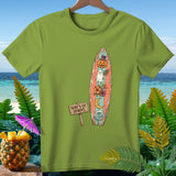 Green t-shirt with a surfboard design featuring a ghost, pumpkin, and tropical flowers.