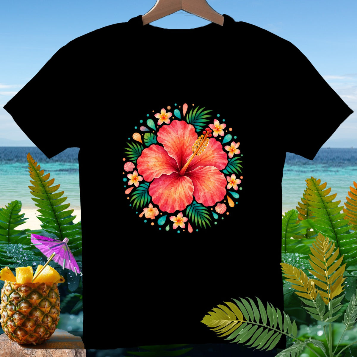 Black t-shirt with a vibrant floral hibiscus and tropical leaf design on the chest.