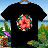 Black t-shirt with a vibrant floral hibiscus and tropical leaf design on the chest.