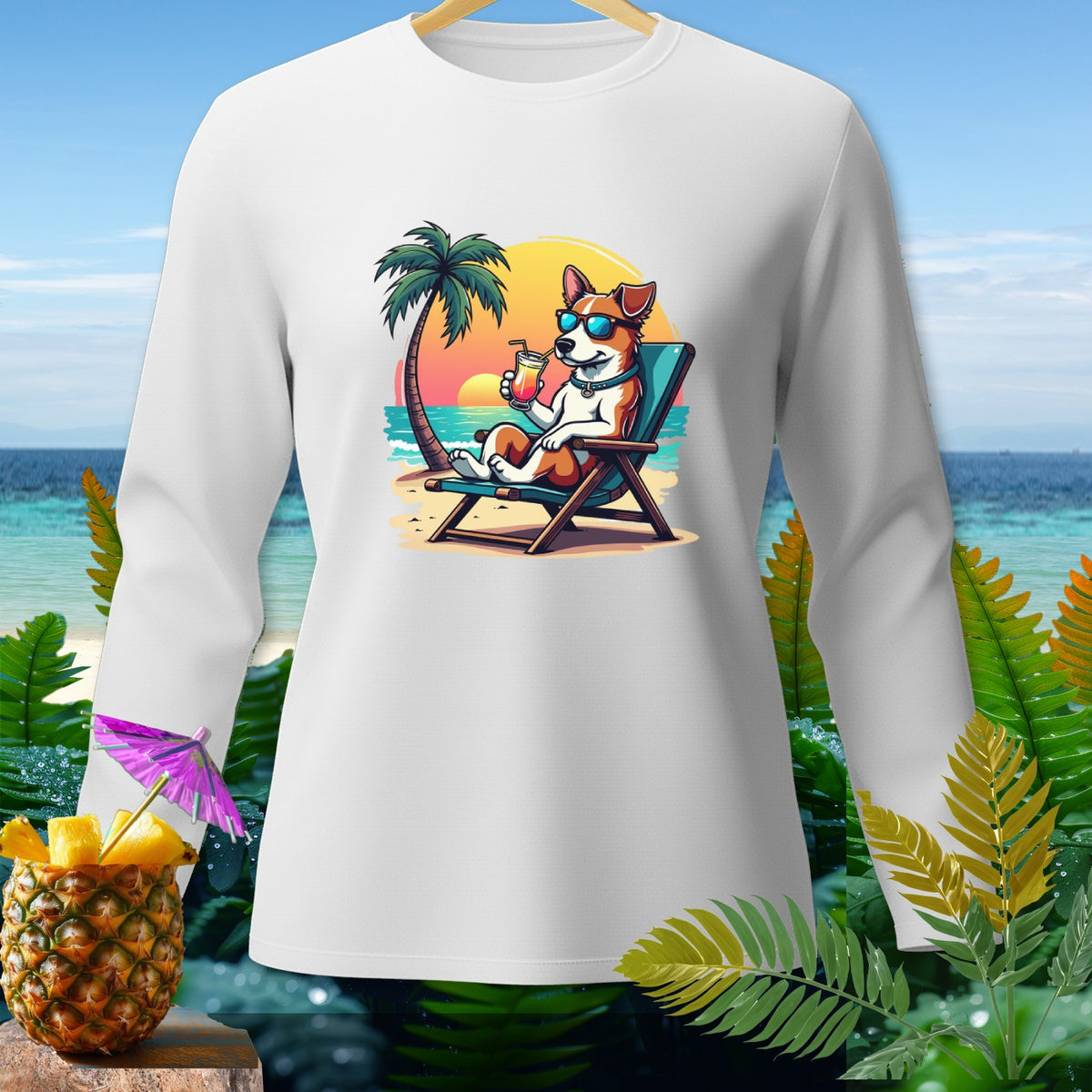 White long-sleeve shirt with cartoon dog relaxing on a beach chair with a drink.