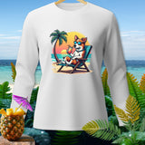 White long-sleeve shirt with cartoon dog relaxing on a beach chair with a drink.