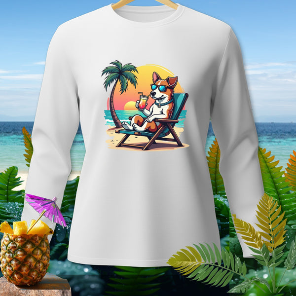 White long-sleeve shirt with cartoon dog relaxing on a beach chair with a drink.