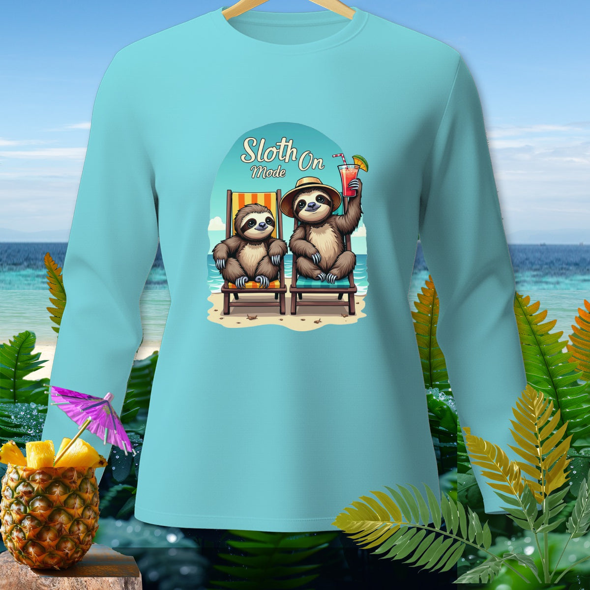 Two sloths relaxing in beach chairs with text "Sloth On Mode".