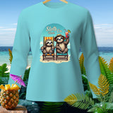 Two sloths relaxing in beach chairs with text 