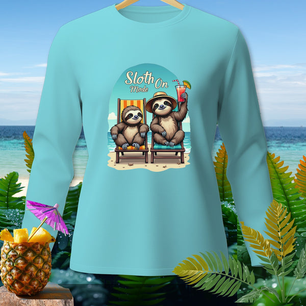 Two sloths relaxing in beach chairs with text "Sloth On Mode".