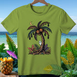 Green t-shirt with Halloween palm tree, pumpkins, bats, ghost, and crescent moon graphic.