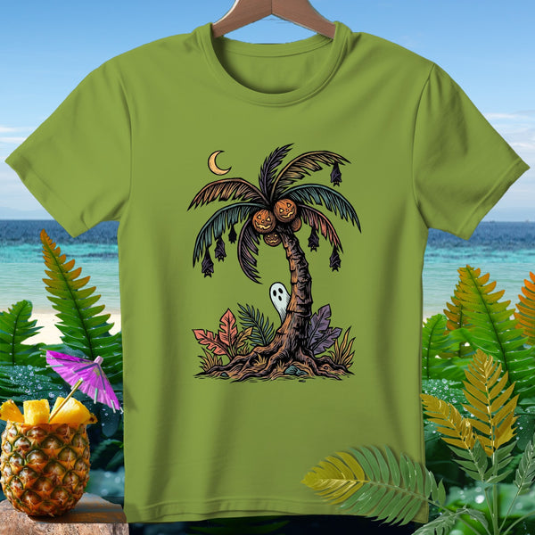 Green t-shirt with Halloween palm tree, pumpkins, bats, ghost, and crescent moon graphic.