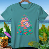 Teal t-shirt with colorful volcano, ghosts, bats, palm trees, and tropical flowers graphic.