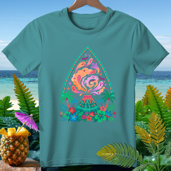 Teal t-shirt with colorful volcano, ghosts, bats, palm trees, and tropical flowers graphic.