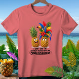 T-shirt graphic with two pineapples, one happy and one worried, with text about crown replacement.