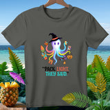 Octopus wearing witch hat, holding beach items, with text 